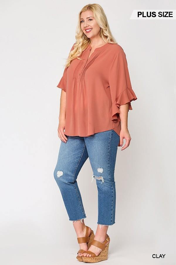 Bubble Crepe Ruffled Sleeves Pintuck Detail Top - Pearlara