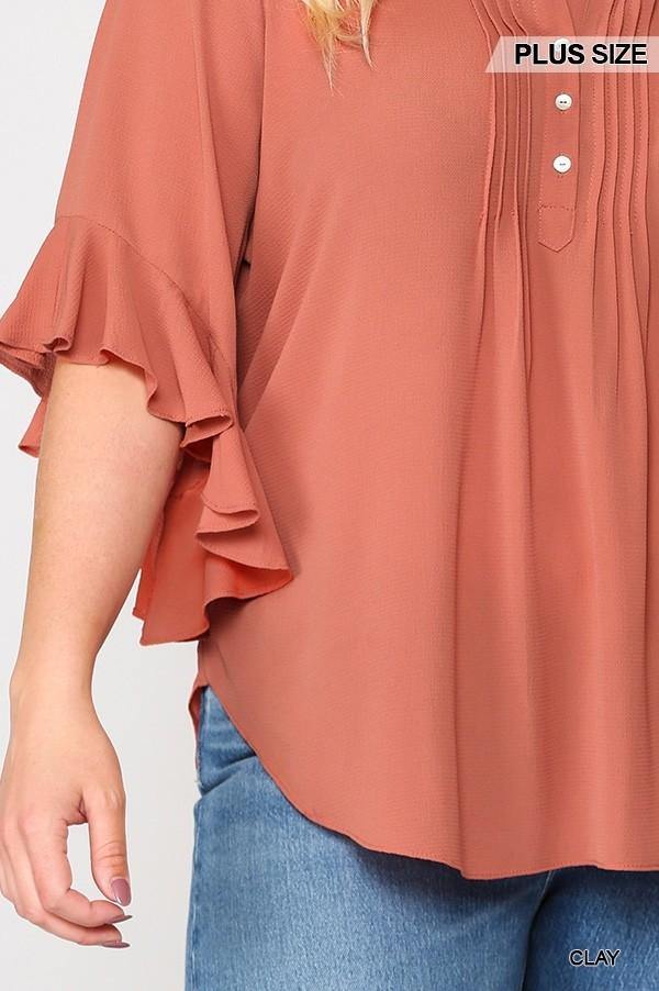 Bubble Crepe Ruffled Sleeves Pintuck Detail Top - Pearlara