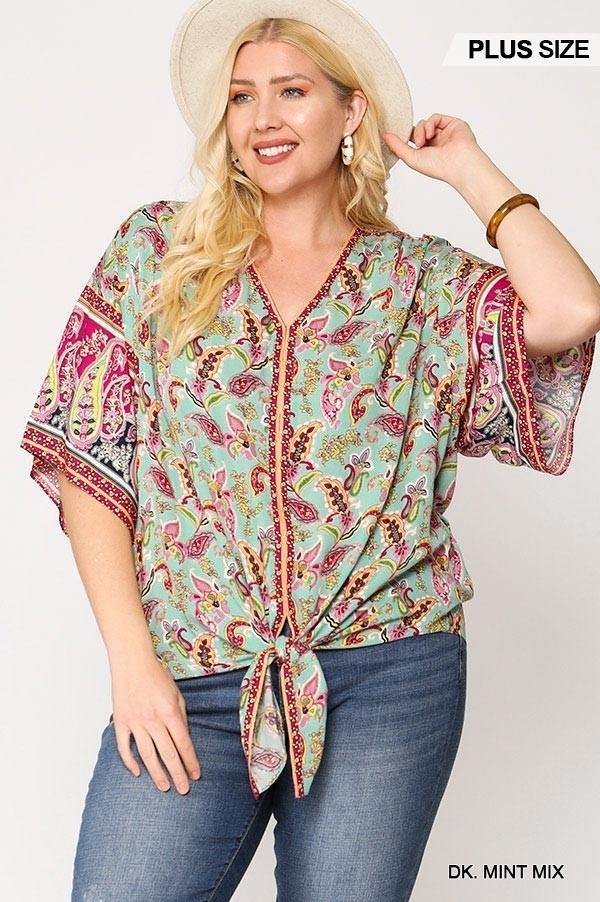 Paisley Printed V-neck Top With Front Tie - Pearlara