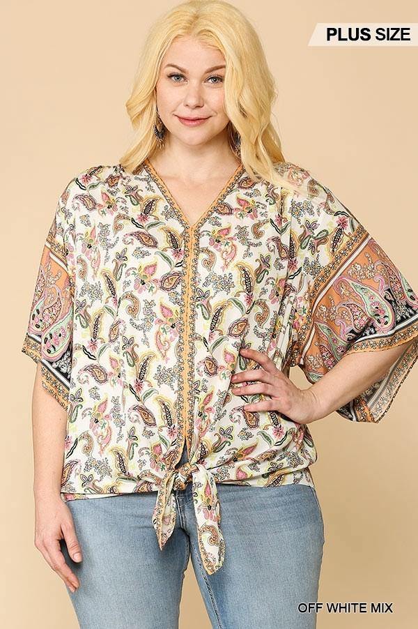 Paisley Printed V-neck Top With Front Tie - Pearlara