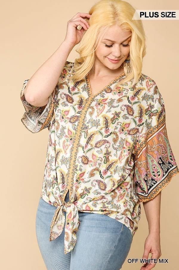 Paisley Printed V-neck Top With Front Tie - Pearlara