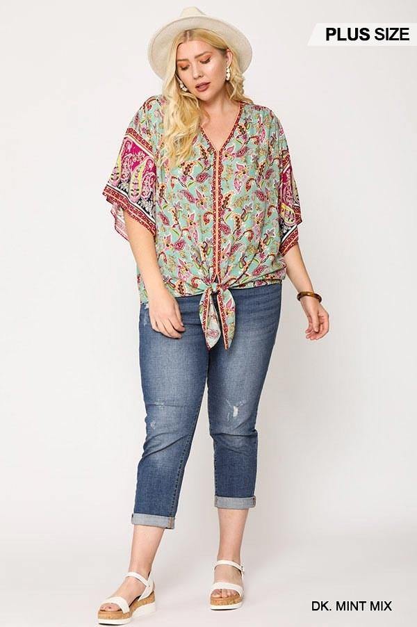 Paisley Printed V-neck Top With Front Tie - Pearlara