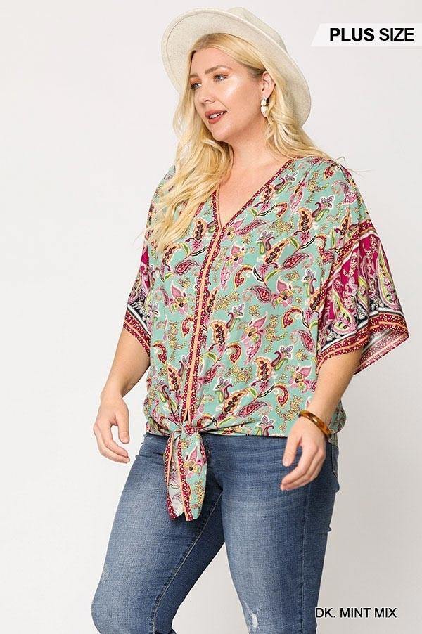 Paisley Printed V-neck Top With Front Tie - Pearlara