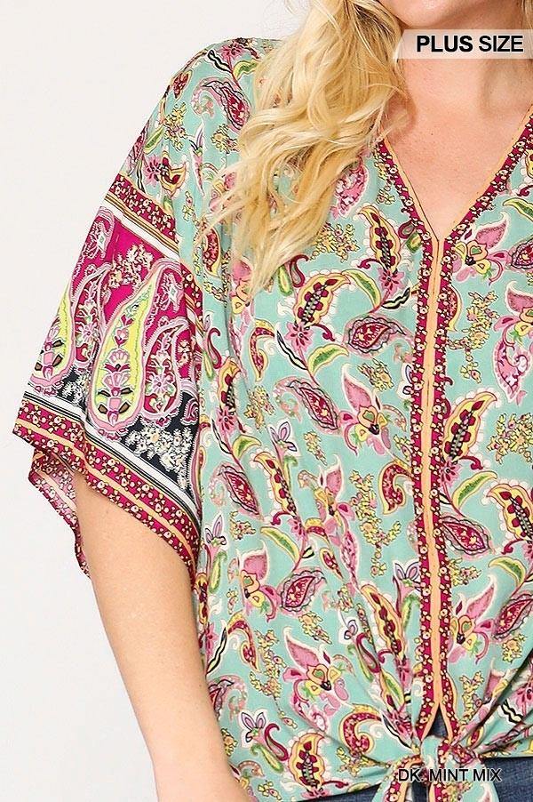 Paisley Printed V-neck Top With Front Tie - Pearlara