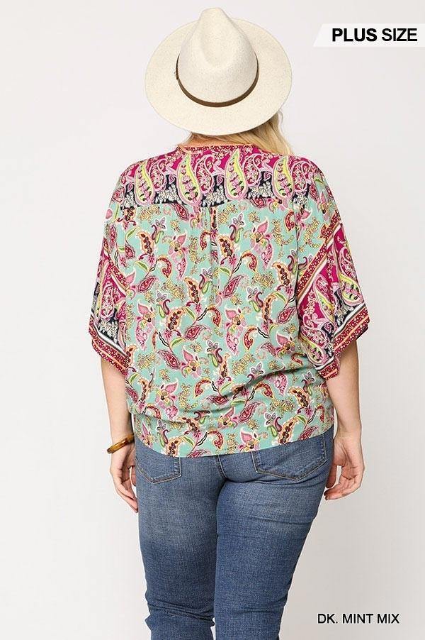 Paisley Printed V-neck Top With Front Tie - Pearlara