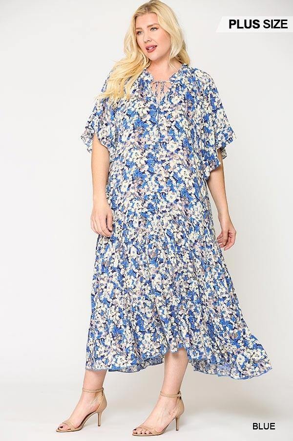 Floral Frill Detail Flowy Maxi Dress With Neck Tie - Pearlara