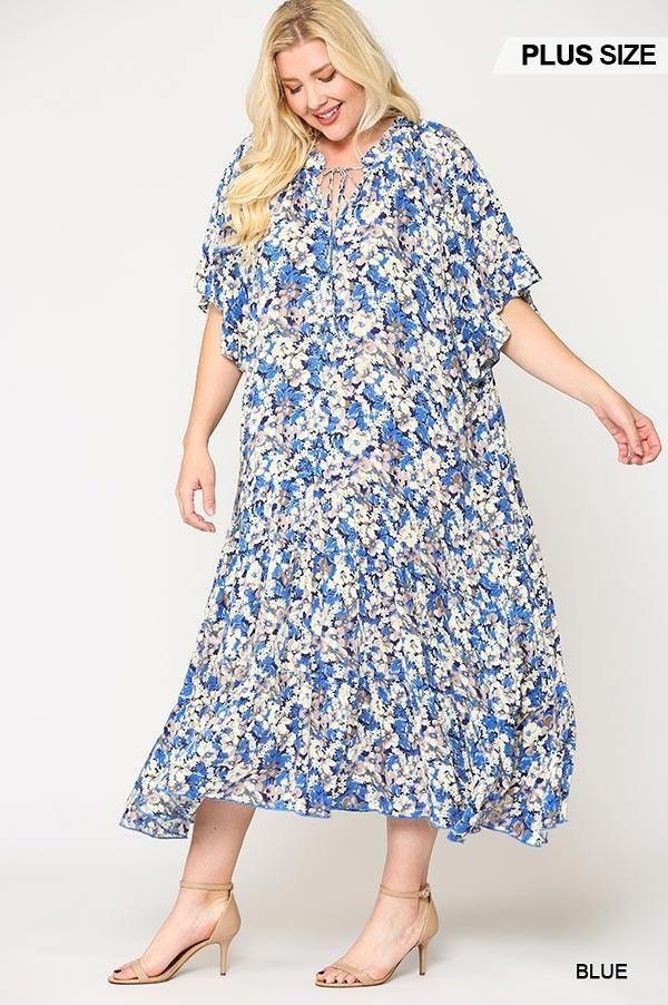 Floral Frill Detail Flowy Maxi Dress With Neck Tie - Pearlara