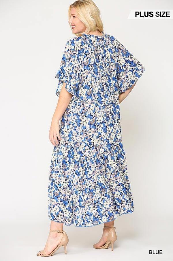 Floral Frill Detail Flowy Maxi Dress With Neck Tie - Pearlara