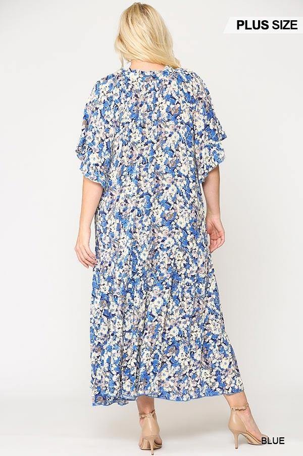 Floral Frill Detail Flowy Maxi Dress With Neck Tie - Pearlara