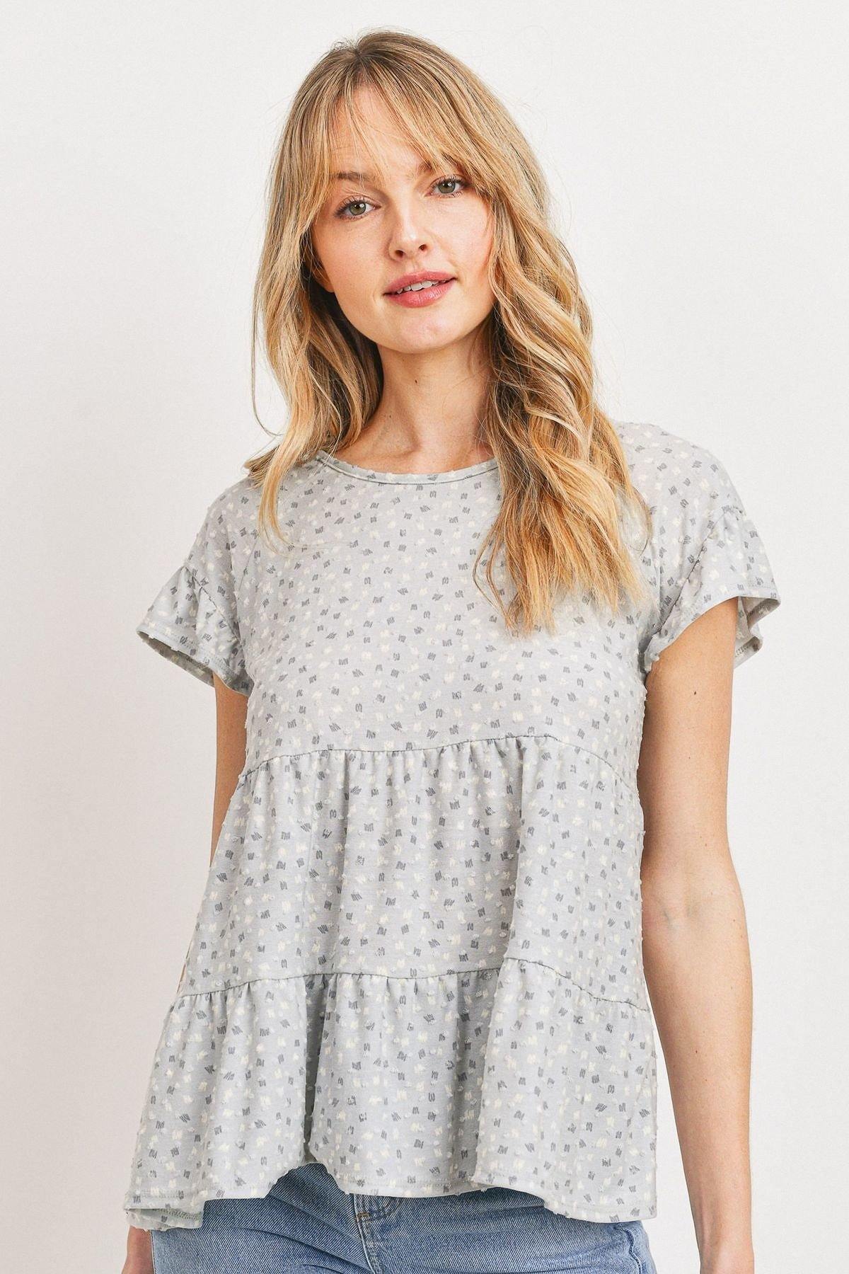 Dot Textured Print Jersey Ruffled Short Sleeve Top - Pearlara