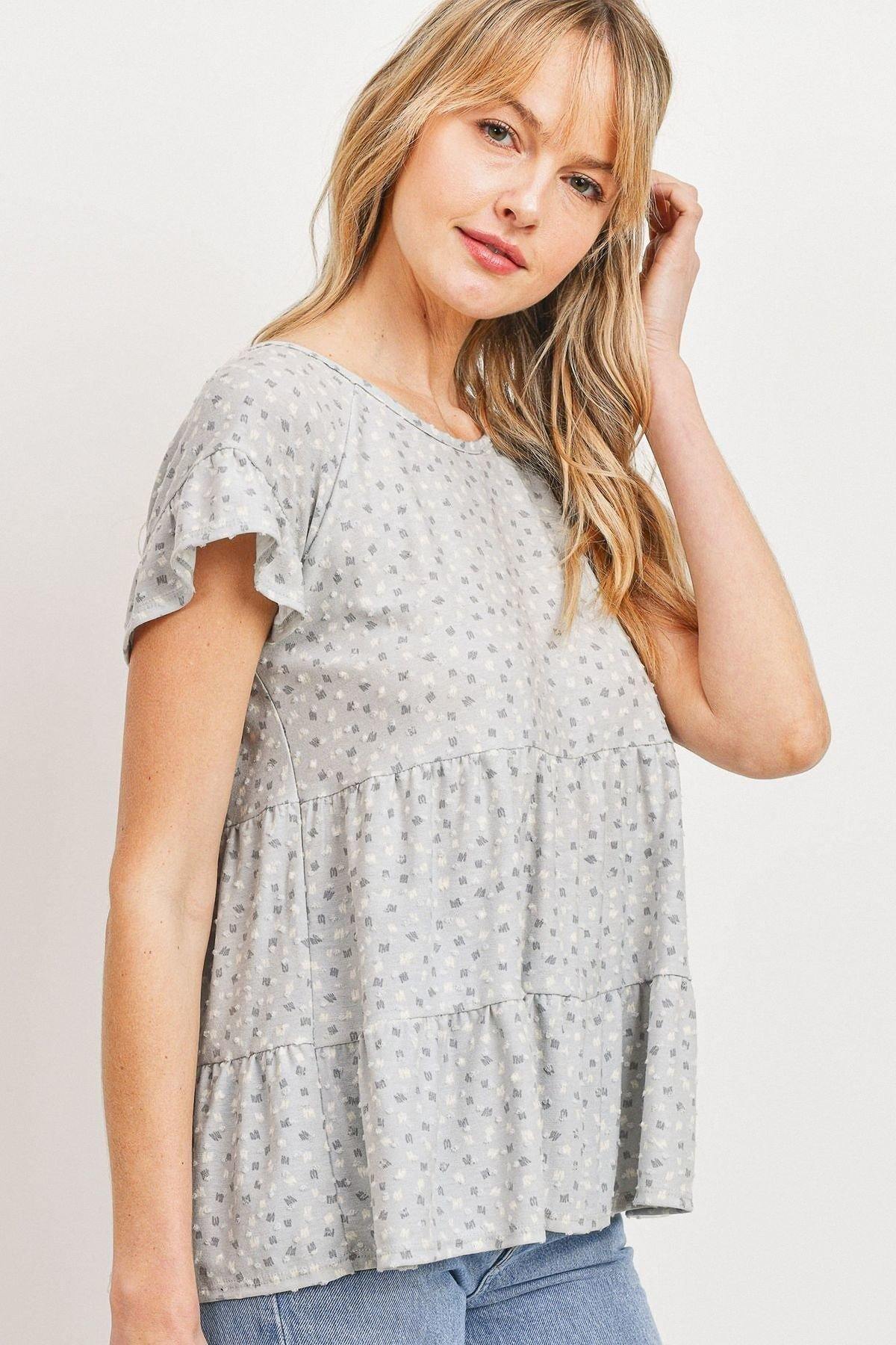 Dot Textured Print Jersey Ruffled Short Sleeve Top - Pearlara