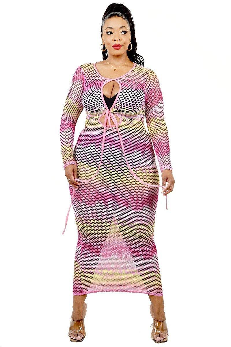 Plus See-through Gradient Fishnet Overlay Dress - Pearlara