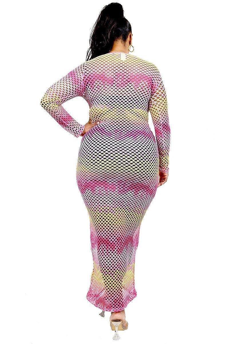 Plus See-through Gradient Fishnet Overlay Dress - Pearlara