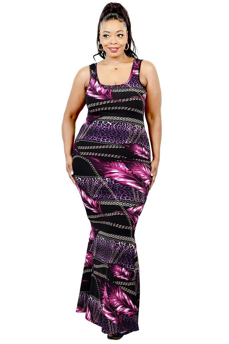 Plus Leaf & Chain Print Bodycon Maxi Dress - Pearlara