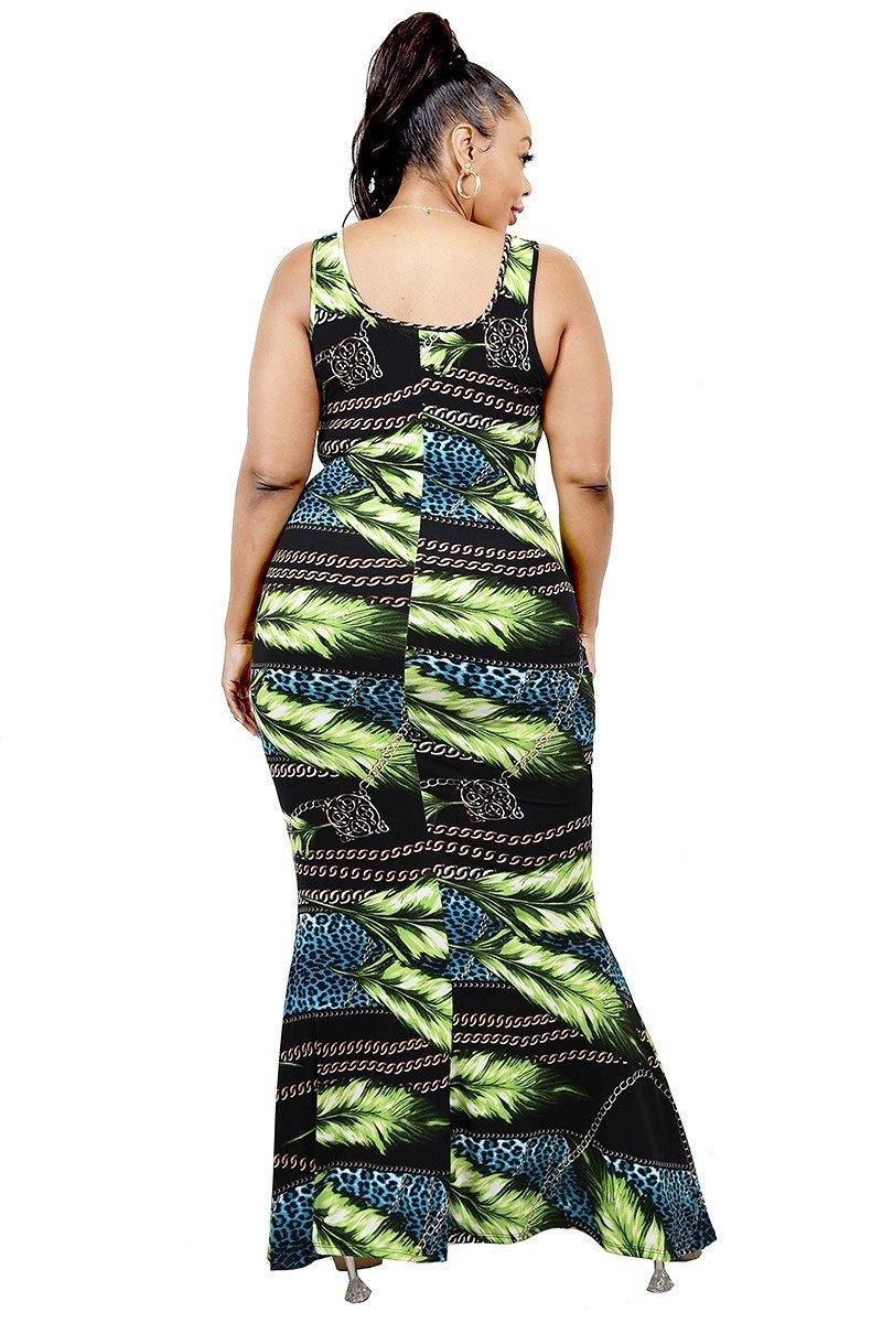 Plus Leaf & Chain Print Bodycon Maxi Dress - Pearlara