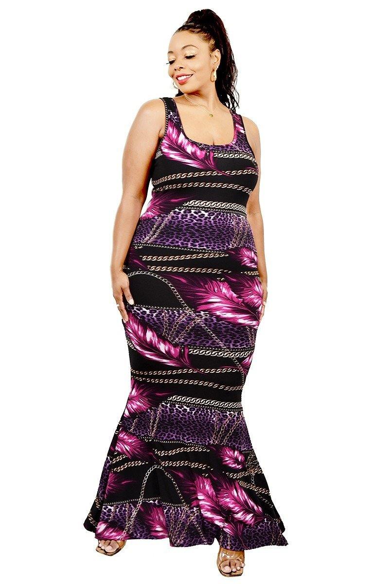 Plus Leaf & Chain Print Bodycon Maxi Dress - Pearlara