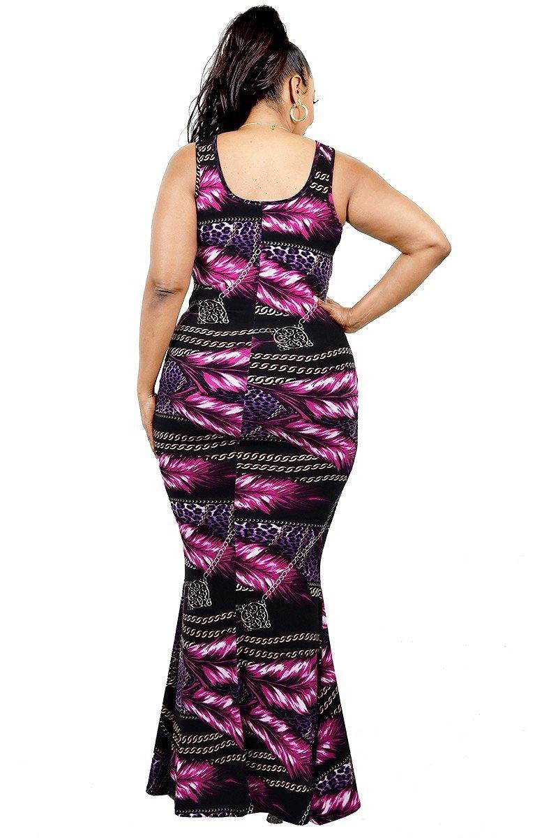 Plus Leaf & Chain Print Bodycon Maxi Dress - Pearlara