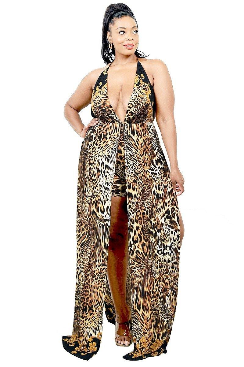 Plus Wild Animal Print Halter Neck Mexi Dress - Pearlara