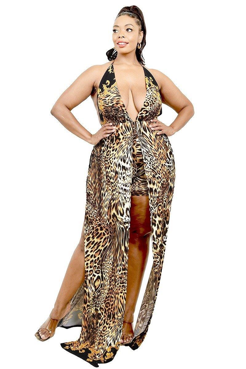 Plus Wild Animal Print Halter Neck Mexi Dress - Pearlara