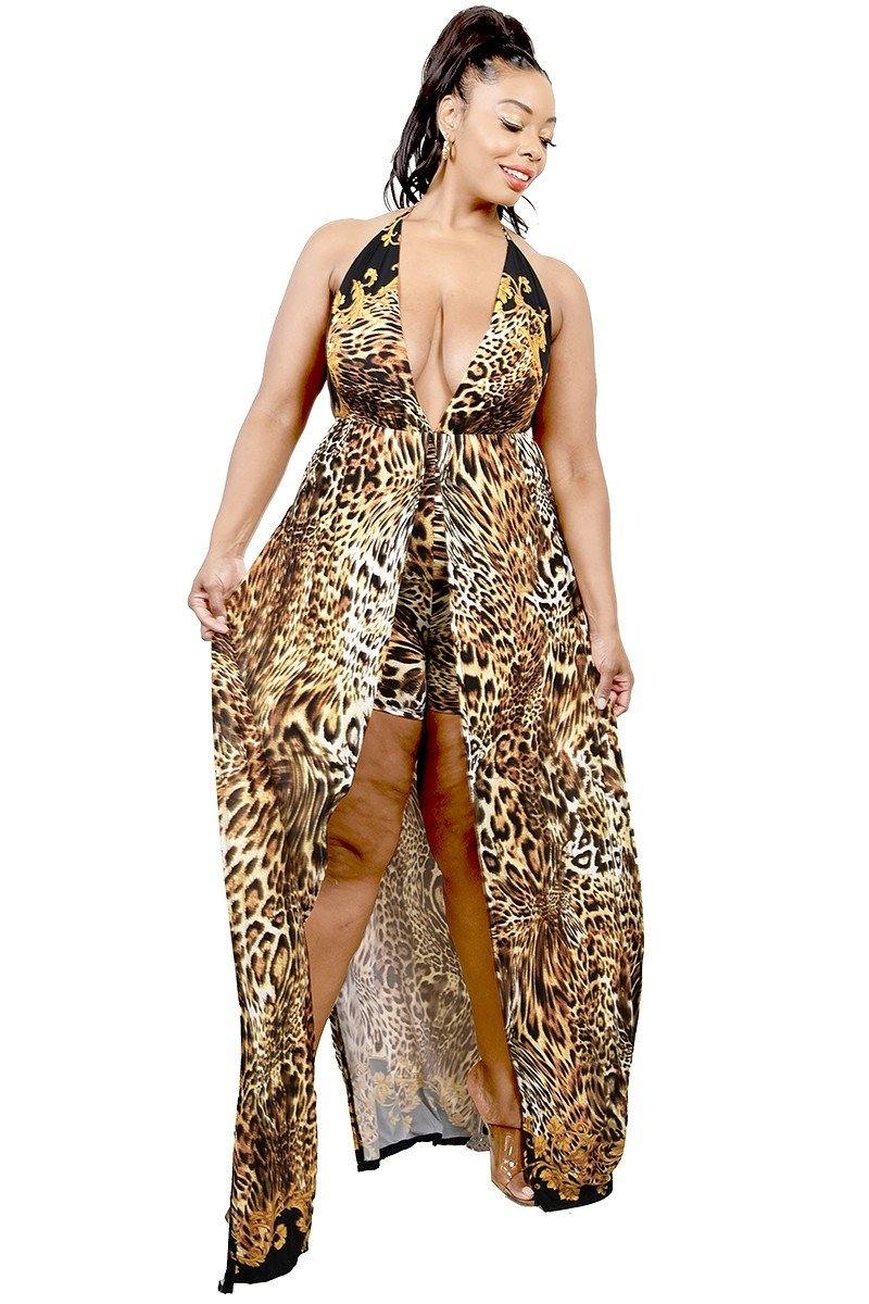 Plus Wild Animal Print Halter Neck Mexi Dress - Pearlara