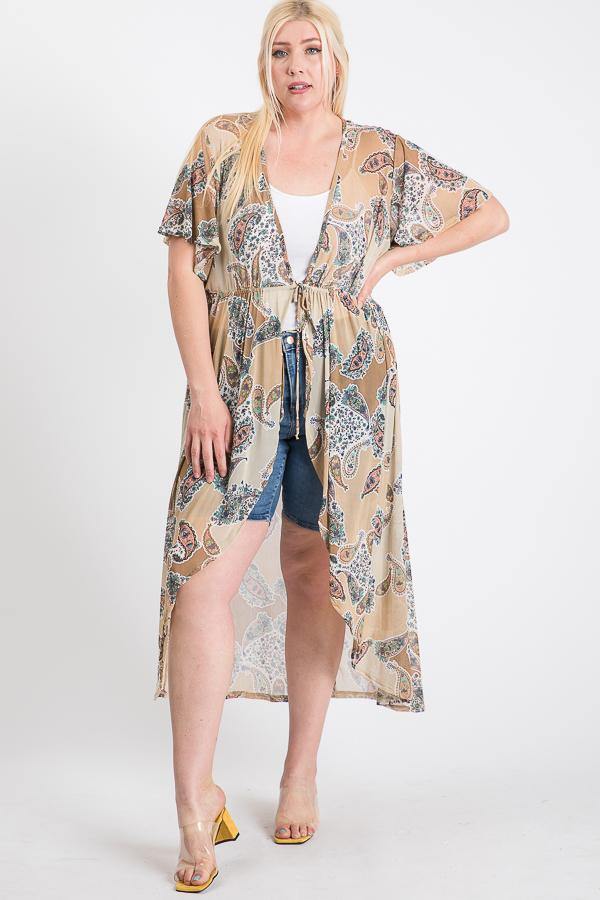 Short Sleeves Long-line Printed Mesh Open Cardigan - Pearlara