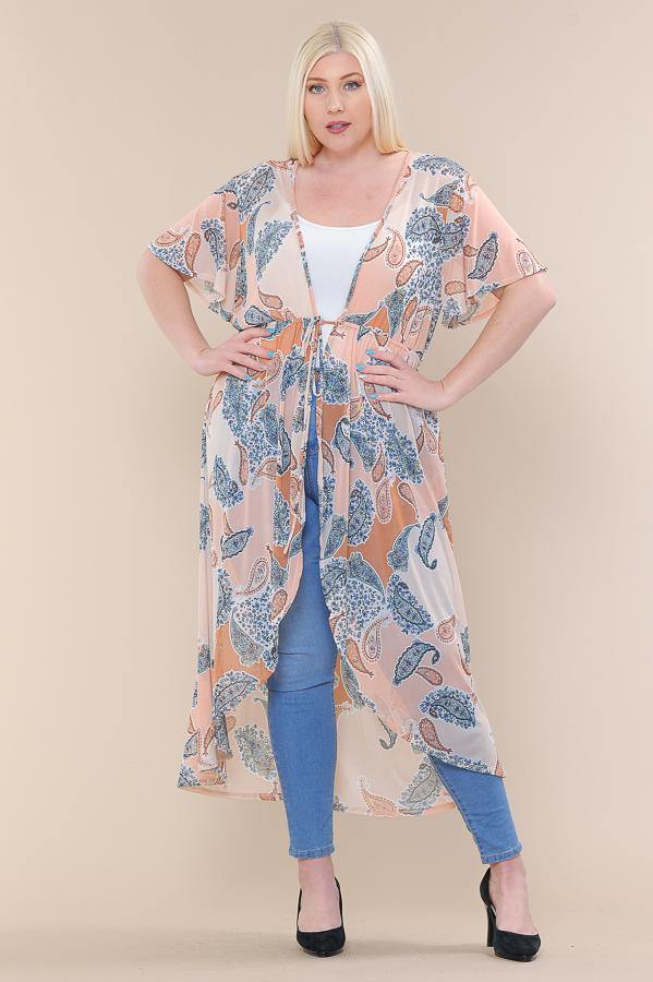 Short Sleeves Long-line Printed Mesh Open Cardigan - Pearlara