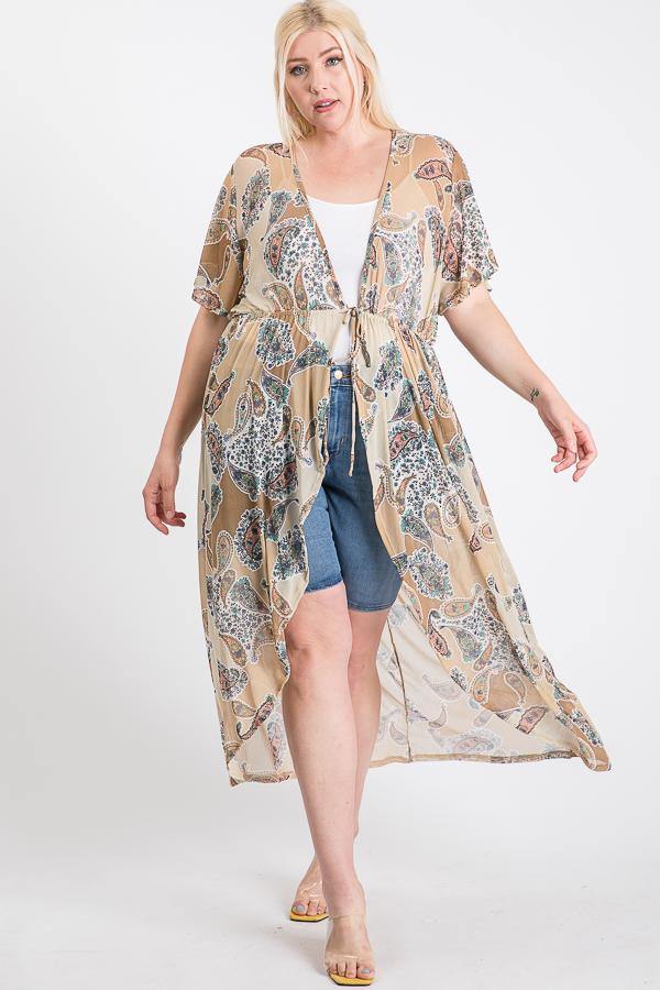 Short Sleeves Long-line Printed Mesh Open Cardigan - Pearlara