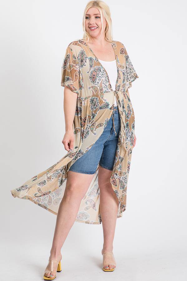 Short Sleeves Long-line Printed Mesh Open Cardigan - Pearlara