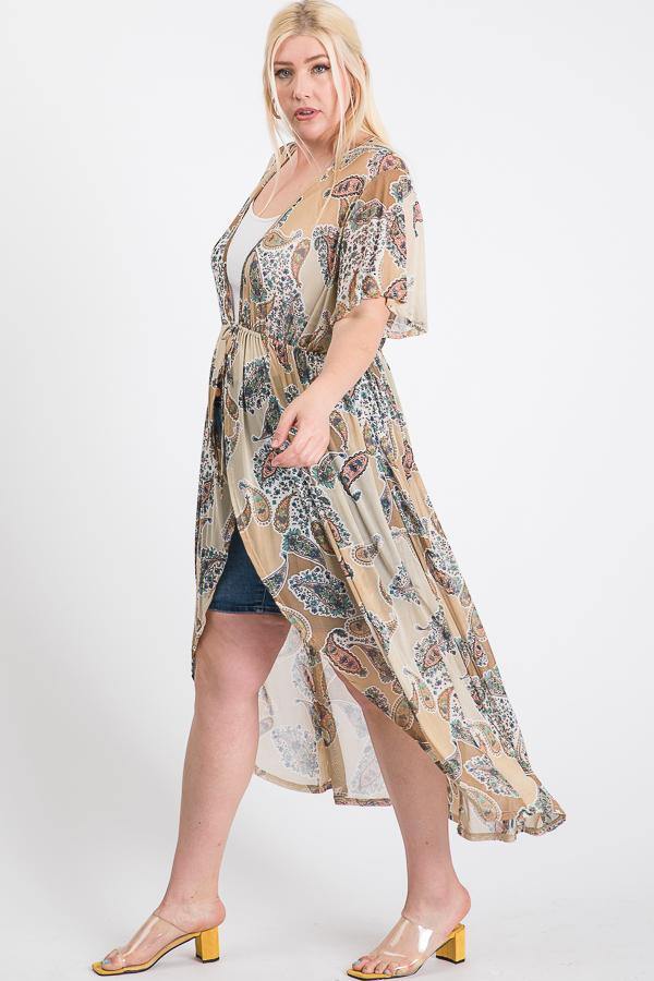 Short Sleeves Long-line Printed Mesh Open Cardigan - Pearlara