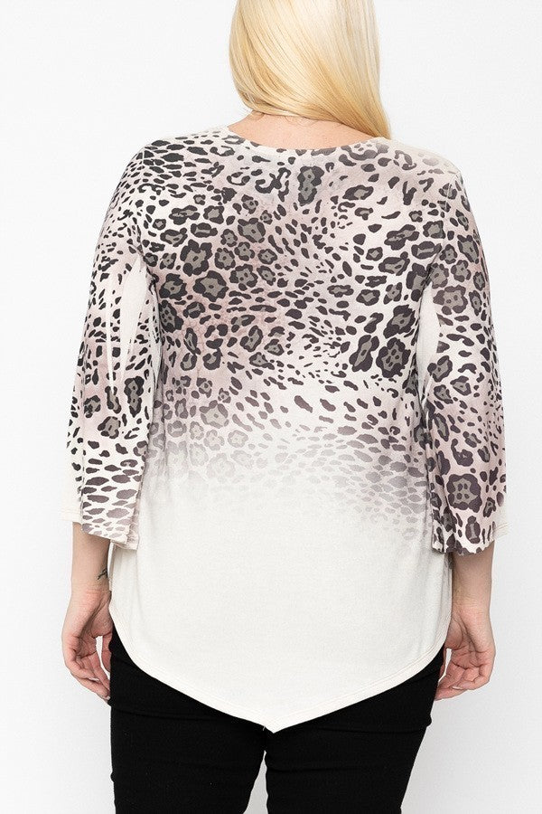 Cheetah Print Top Featuring A Round Neckline And 3/4 Bell Sleeves