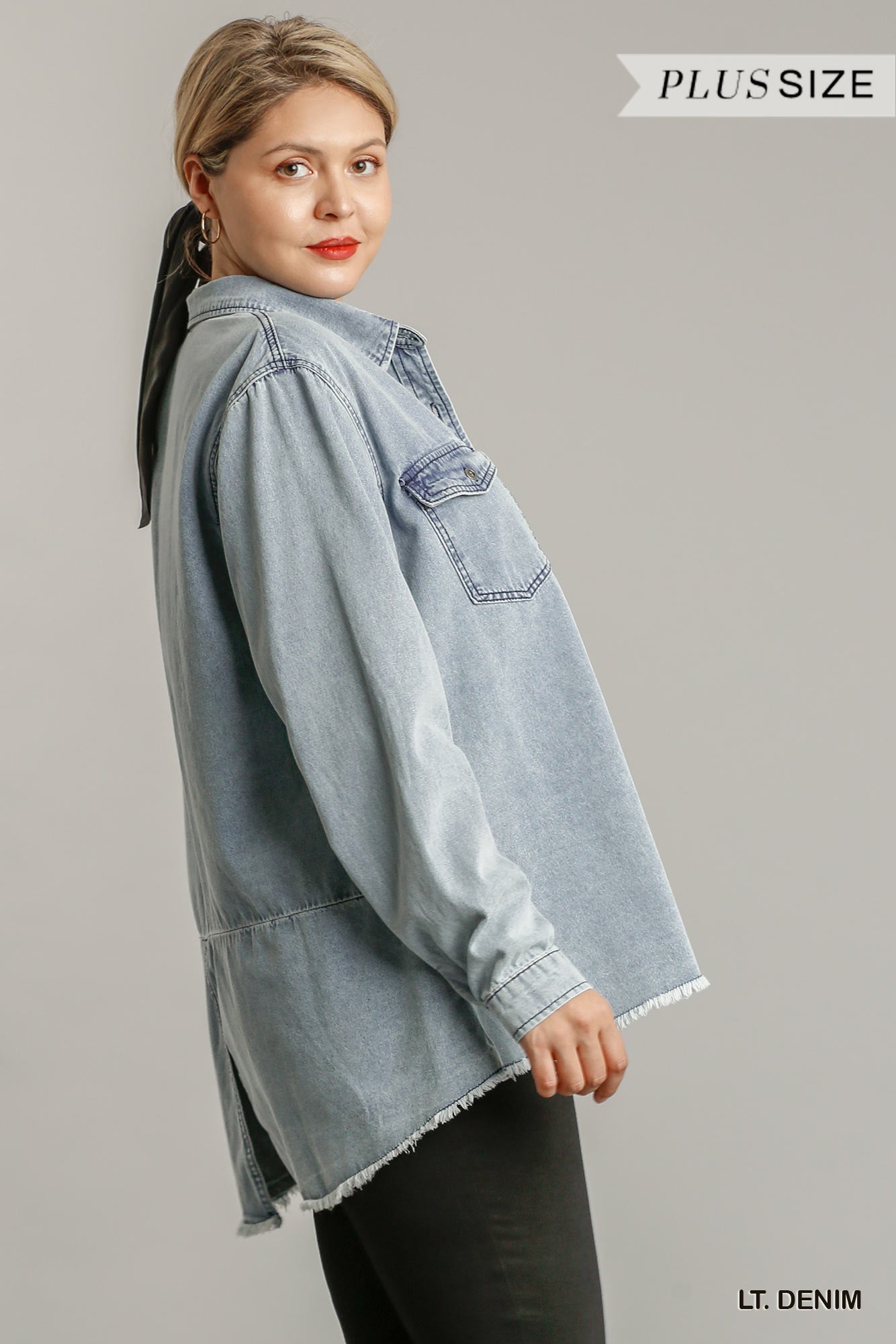 Chest Pockets Collar Button Down Denim Jacket With Unfinished High Low Hem