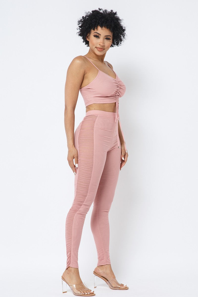 Mesh Strappy Adjustable Ruched Crop Top With Matching See Through Side Panel Leggings