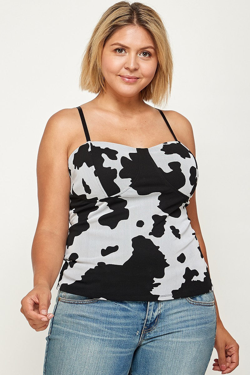 Plus Size Cow Print Mesh, Bustier Top
