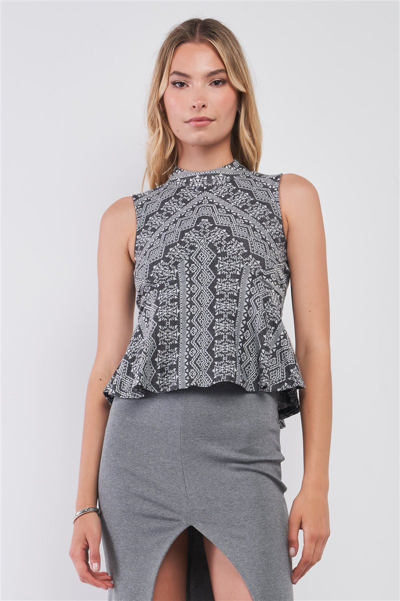 Charcoal Grey Damask-inspired Geometric Pattern Print Sleeveless Mock Neck Fit & Flare Top