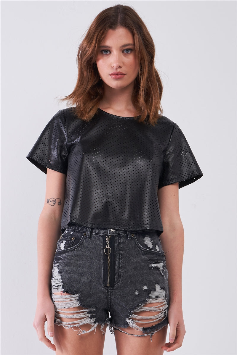 Black Vegan Leather Laser Cut Round Neck Wide Short Sleeve Cropped Top