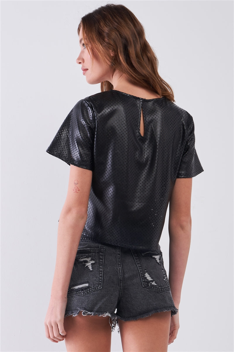 Black Vegan Leather Laser Cut Round Neck Wide Short Sleeve Cropped Top