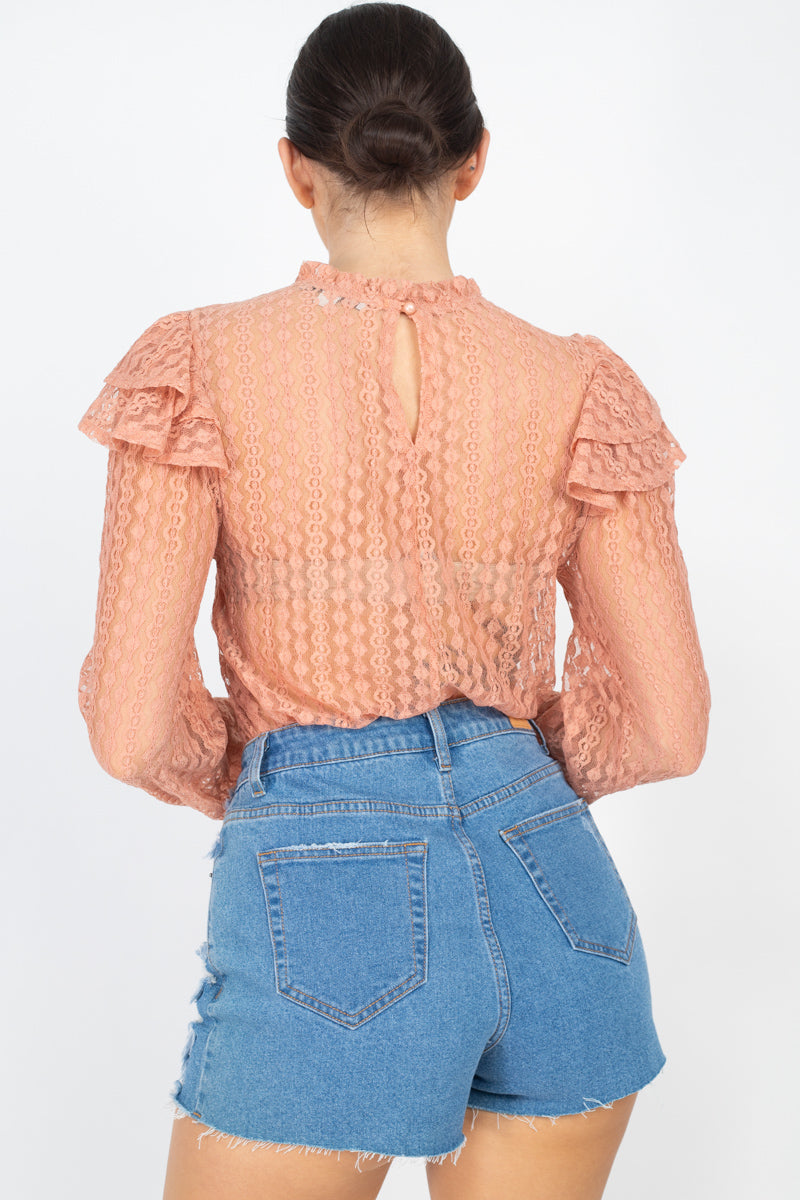 Sheer Crochet Lace Ruffled Top