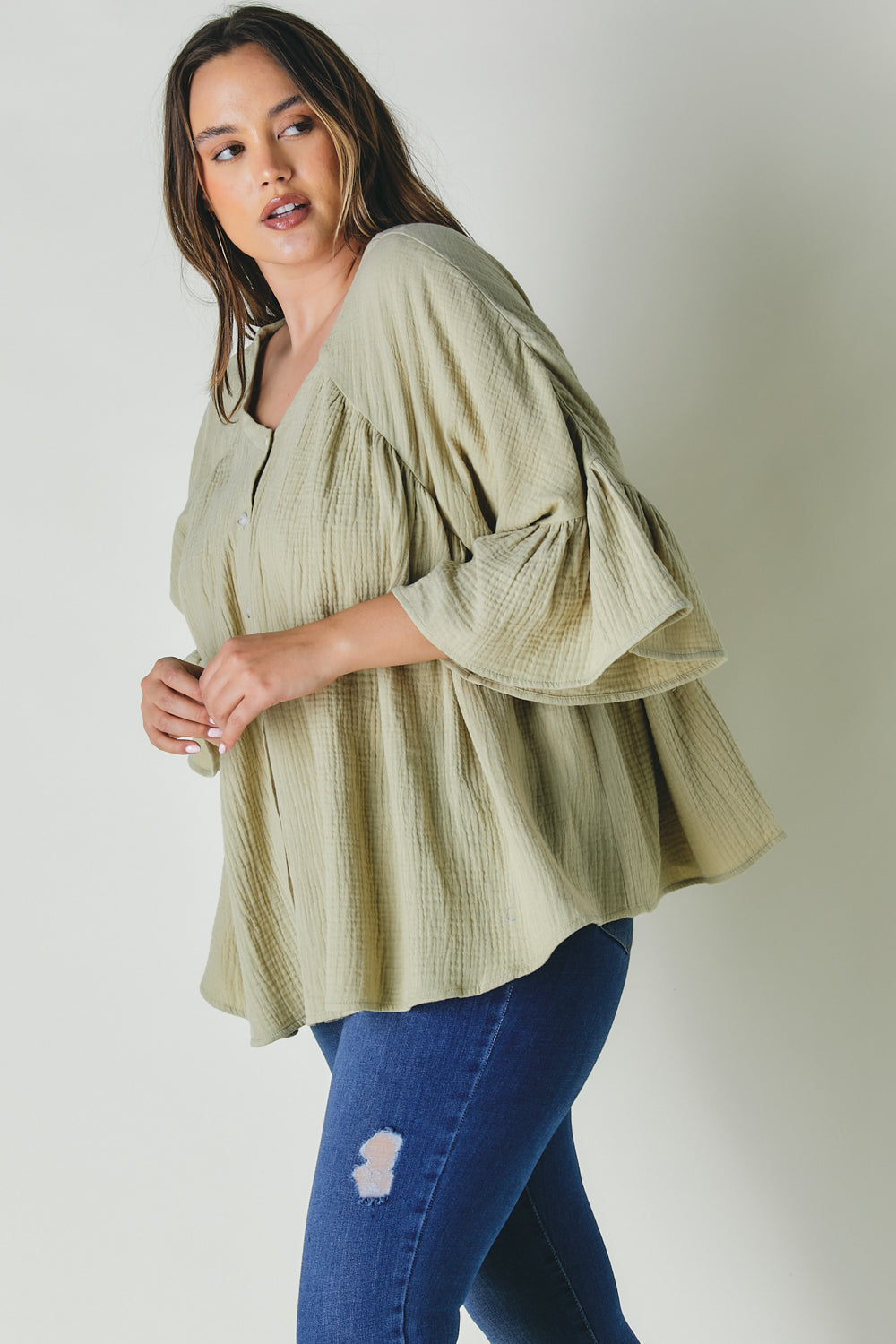 Plus Solid V Neck Button Down Top