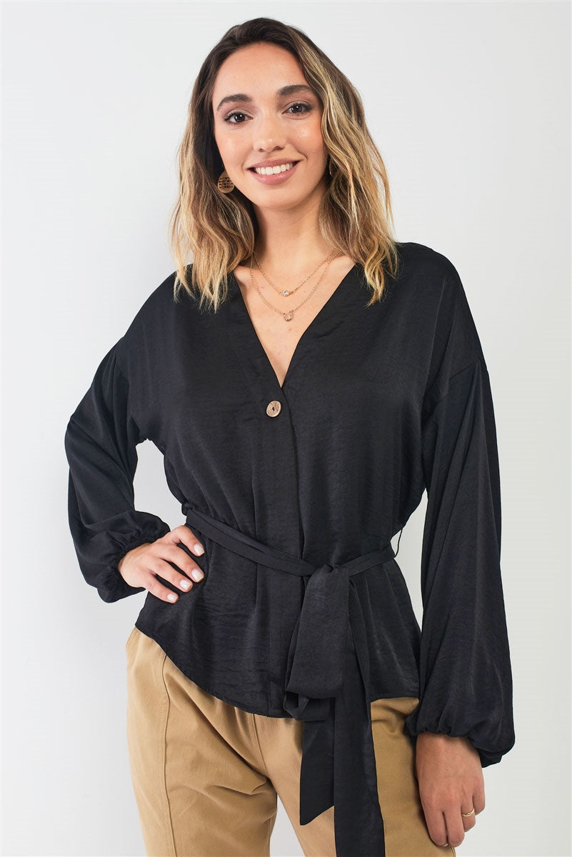 Black Satin V-neck Bishop Sleeve Self-tie Belt Relaxed Blouse Top