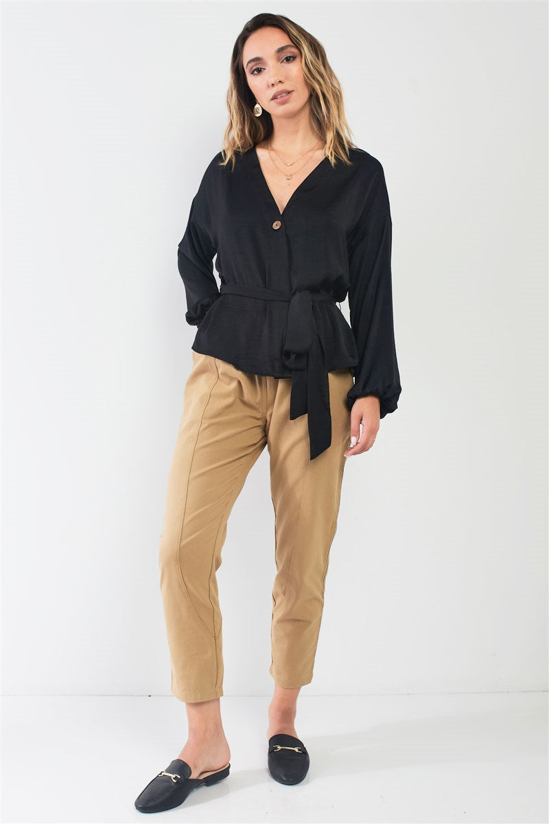 Black Satin V-neck Bishop Sleeve Self-tie Belt Relaxed Blouse Top