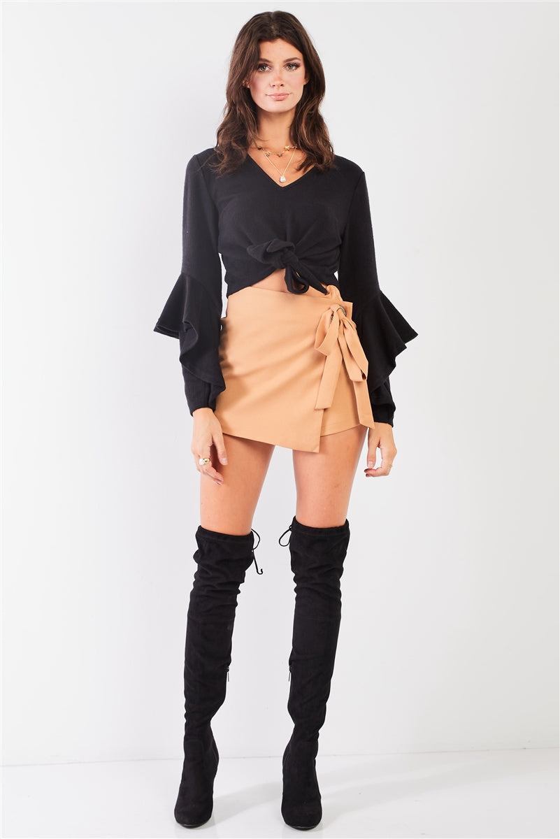 Fuzzy long ruffle sleeve v-neck self-tie front detail cropped top