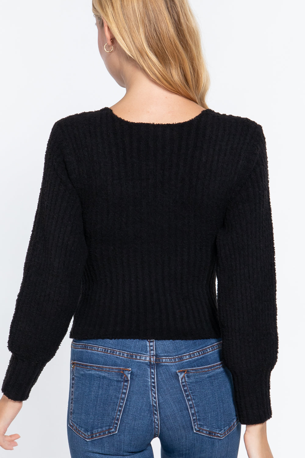 Long Puff Slv V-neck Rib Sweater