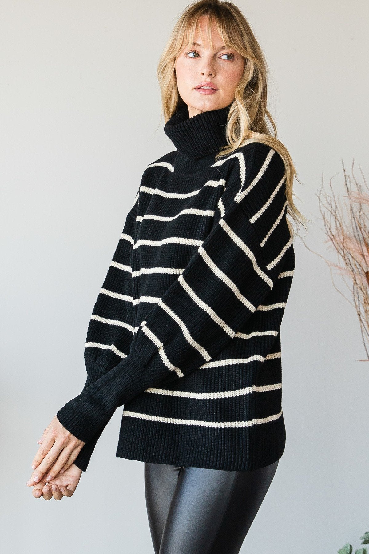 Heavy Knit Striped Turtle Neck Knit Sweater