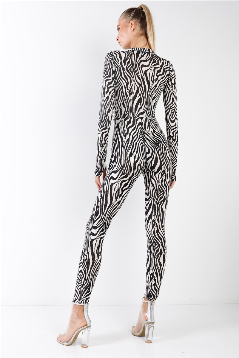 Black & White Zebra Print Long Sleeve High-neck Front Zip Fitted Catsuit / Jumpsuit