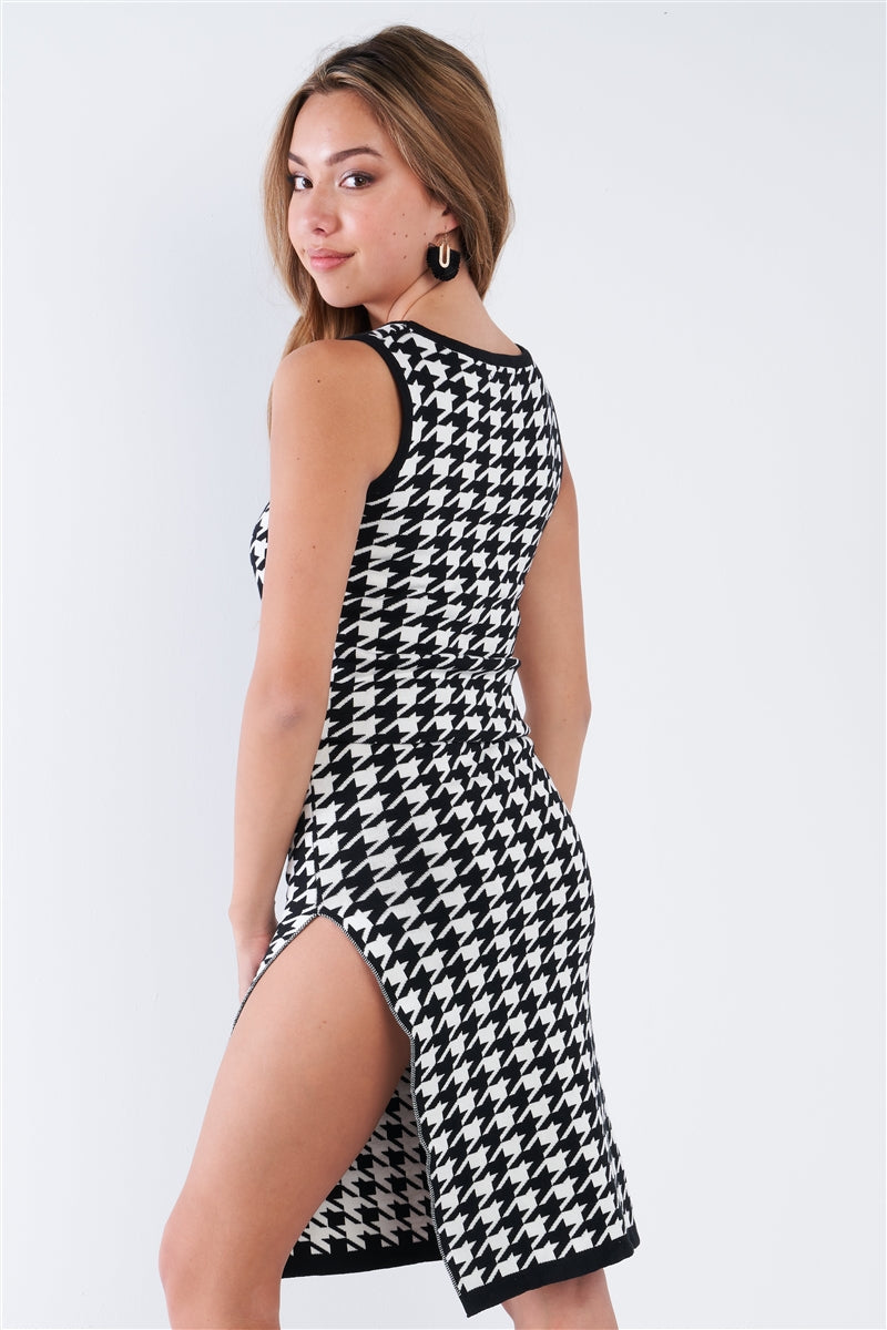 Black & White Houndstooth Print Sleeveless Drop Waist Side Slit Midi Dress