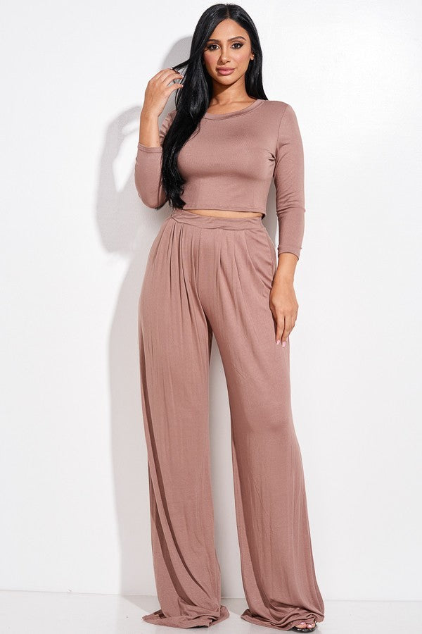 Solid 3/4 Sleeve Top And Wide Leg Pleated Pants Two Piece Set