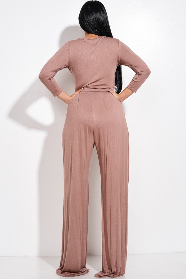 Solid 3/4 Sleeve Top And Wide Leg Pleated Pants Two Piece Set