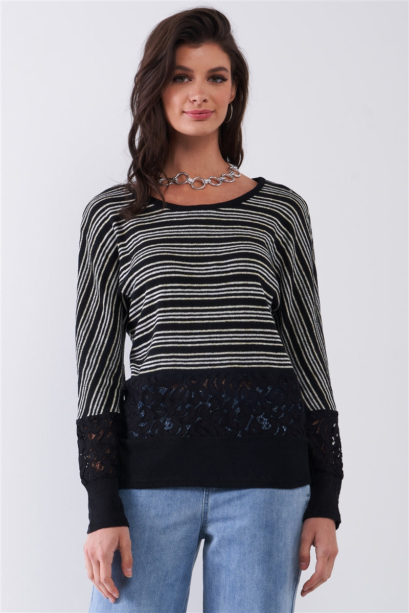 Black Striped Glitter Weave Crochet Trim Detail Long Sleeve Sweater Top