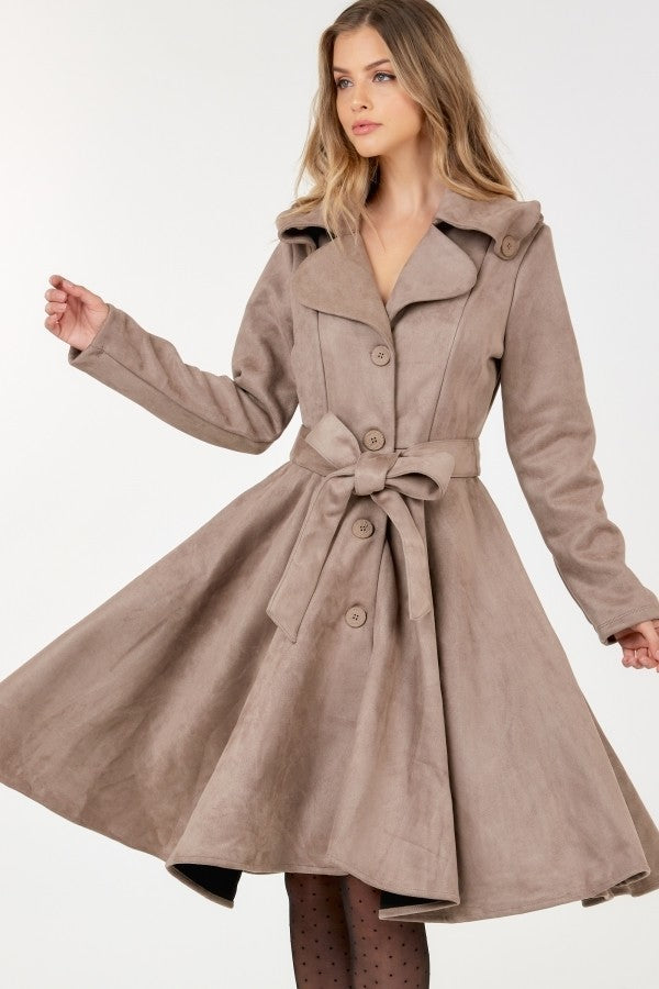 Button Tacking Collar A Line Suede Coat