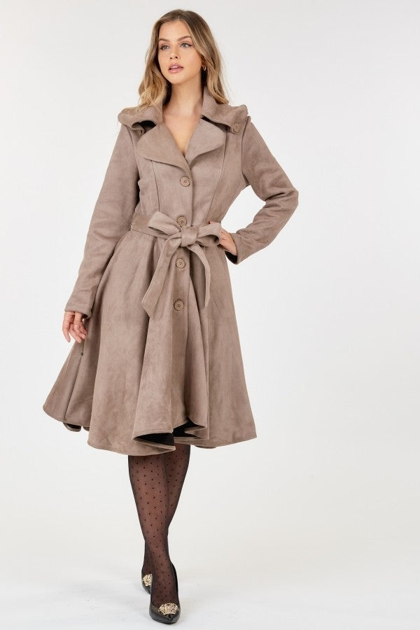 Button Tacking Collar A Line Suede Coat